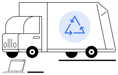 Toprakta geri dönüşüm işareti ve dizüstü bilgisayarı olan kamyon sürdürülebilir atık yönetimini ön plana çıkarıyor. Geri dönüşüm, eko-bilinç, sürdürülebilirlik, elektronik imha, yeşil teknoloji, atık azaltma için ideal
