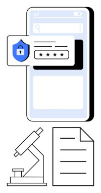 Şifreli cep telefonu, güvenlik kalkanı, mikroskop ve belge. Siber güvenlik, araştırma, mahremiyet, veri koruma teknolojisi için ideal online güvenlik mobil uygulamaları. Düz basit metafor