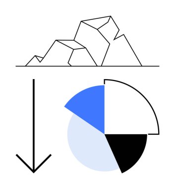 Geometrik şekiller ham veriyi bir ok kullanılarak bir pasta grafiğine dönüştürür. Veri analizi, ilerleme izleme, iş büyümesi, dönüşüm, strateji, analitik, düz basit