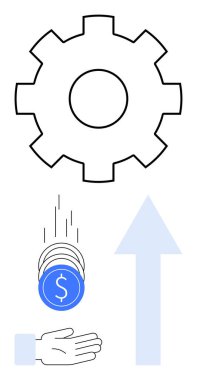 Dişliler verimliliği simgeler, bozuk paralar açık bir ele düşer, ve finansal büyüme için yukarı doğru bir ok. İş için ideal, yenilik, yatırım, üretkenlik, başarı, basit iniş destekleri