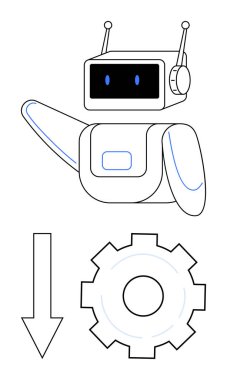 Dişli ve aşağı doğru ok sallayan robot otomasyonu, verimliliği, teknolojiyi, yeniliği, problem çözmeyi, gelecekteki gelişmeyi sembolize ediyor. Teknoloji sunumları, yapay zeka çözümleri, basit iniş için ideal.
