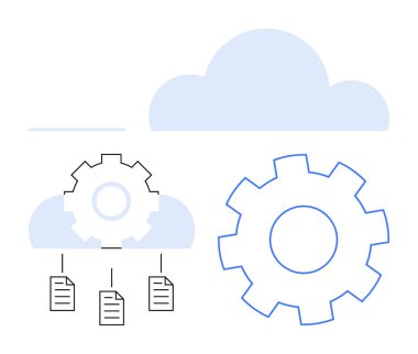 Dişliler bulut örtüyor, belgelere bağlı, işbirliğini, bulut hizmetini, iş akışı otomasyonunu temsil ediyor. IT altyapısı, bulut hesaplaması, veri paylaşımı, süreç yönetimi için ideal