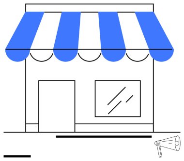 Mavi çizgili tenteli ve cam pencereli küçük bir dükkan, yanında da bir megafon. Perakende, küçük işletme, reklam, pazarlama, dükkan önü tasarımı, promosyon, basit iniş sayfası için ideal