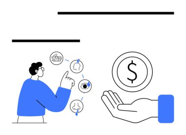 Birbirine bağlı duygu ve para ikonlarına işaret eden kişi. Eğitim, finans, sağlık, yaratıcılık, strateji, analiz, basit iniş sayfası