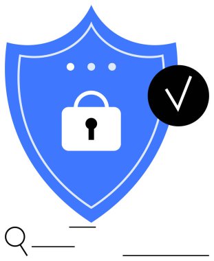 Mavi kalkan, merkezi kilit ve üst noktalar, güvenliği vurguluyor. İşaretleme, güven ve doğrulamayı belirtir. Büyüteç soruşturmayı güçlendirir. Siber güvenlik, mahremiyet ve güven için ideal