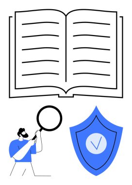 Öğrenmek için açık bir kitap, büyüteç teftişi yapan kişi, koruma için işaretli kalkan. Eğitim, araştırma, güvenlik, analiz, uyum, bilgi güveni için ideal