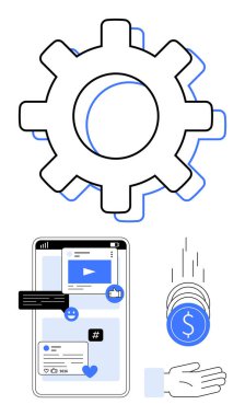 Vites ve akıllı telefon sosyal aktivite sembolleri sergiliyor ve eline bozuk para düşüyor. Otomasyon için ideal, dijital pazarlama, finans, para, sosyal medya, teknoloji, basit iniş sayfası