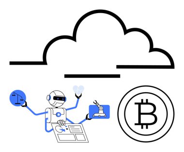 Çoklu kolları olan robot bulutların altında pulları, aletleri ve tabletleri tutuyor. Teknoloji için ideal, yapay zeka, engelleme zinciri, kripto para birimi, bulut hesaplama fintech otomasyonu. Düz basit metafor