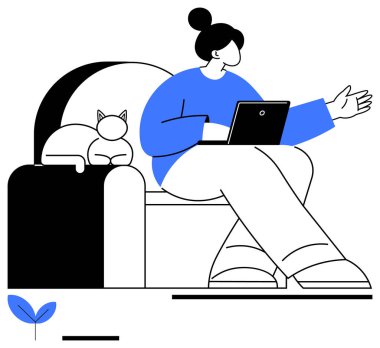 Kanepede oturan bir kadın çalışırken el kol hareketi yapıyor. Kedi onun yanında dinleniyor. Uzaktan çalışma, rahatlama, üretkenlik, çoklu görev, günlük ev hayatı, serbest çalışma için ideal