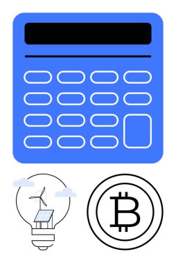Dijital ekranlı mavi hesap makinesi, yenilenebilir enerji için ampulün içinde rüzgar türbini, Bitcoin logosu. Finans, kripto para birimi, yenilenebilir enerji, teknoloji, yenilik, sürdürülebilirlik için ideal