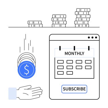 Bozuk paralar bir elde toplanıyor, aylık ve abonelik takvimi ve büyümeyi temsil eden madeni paralar. Finans, abonelik hizmetleri, bütçe, yatırım, planlama için ideal