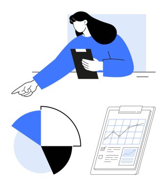 Pasta grafiği ve grafikle vurgulanmış veri analizine işaret ederken panoya bakan kadın. İş, analiz, sunum, karar verme, raporlama ve liderlik stratejisi için ideal. Düz