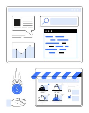 Ürünler, işlem görselleri, çubuk grafikleri ve arama elemanlarıyla çevrimiçi pazar düzeni. E-ticaret, analitik, satış, işlemler, dijital pazarlama perakende teknolojisi için ideal