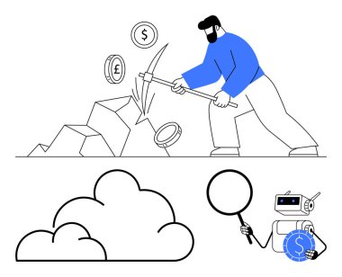 Madencilik için kazma kullanan adam, kayalardan düşen para. Büyüteci olan robot finansal detayları inceler. Bulut, finans ve teknolojiyi temsil ediyor. Kripto para birimi için ideal