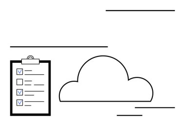 İşaretli kutuları olan bir panonun yanında bulut simgesi. Üretkenlik, görev yönetimi, veri depolama, organizasyon, dijital iş akışı, bulut hizmetleri, basit iniş sayfası için ideal
