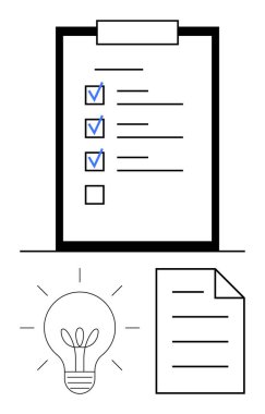 İşaretli listeli pano, parlayan ampul, ve organizasyonu temsil eden belge, beyin fırtınası, üretkenlik, planlama, yaratıcılık, hedef belirleme, karar verici düz metafor