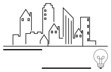 Basit şehir silueti çeşitli bina tipleriyle özetlenmiş, bir ampulle eşleştirilmiş. Yenilik, kentsel planlama, sürdürülebilirlik, mimarlık, yaratıcılık, eğitim, basit iniş sayfası için ideal