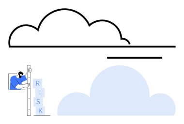 Adam, bulut teknolojisiyle kavramsal olarak uyumlu, risk etiketli blokları istifliyor. Risk analizi, stratejik planlama, bulut teknolojisi, siber güvenlik, yenilik, problem çözme ve basit şeyler için ideal