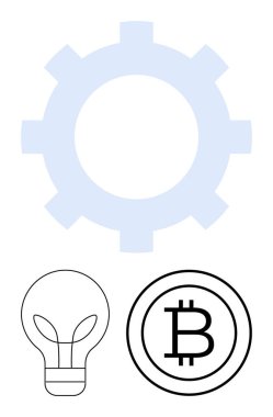 İşlem olarak vites, fikir olarak ampul, kripto para birimi olarak Bitcoin sembolü yenilik, engelleme zinciri ve teknolojik trendler. Finans, ağ oluşturma, problem çözme, geliştirme teknolojisi için ideal