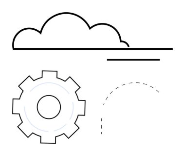 Bulut hesaplama, bütünleşme, iş akışı, bağlantı, yenilik, dijital dönüşümü temsil eden kesik bir çizgi ile vites ve bulut elementleri. IT çözümleri için ideal, yazılım otomasyonu basit