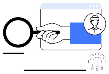Web tarayıcısında, arama, kullanıcı analizi ve keşfi temsil eden avatar simgesiyle el ele tutuşan büyüteç. Araştırma, adam toplama, insan kaynakları, analitik yenilikçi işe alma optimizasyonu için idealdir. Düz