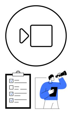 Video oynatma düğmesi, kontrol işaretli kontrol listesi ve teleskop ve tablet tutan kişi. Planlama, strateji, üretkenlik, takım çalışması, video üretimi, hedefler için ideal basit iniş sayfası