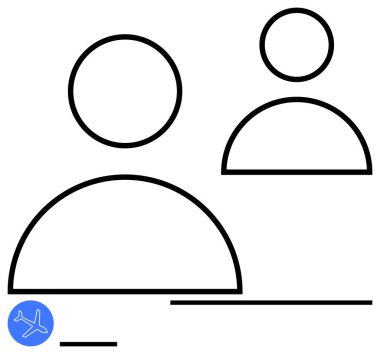 İki kişinin minimalist taslağı, küçük uçak grafiği. Seyahat için ideal, takım çalışması, kullanıcı yönetimi, işbirliği, iletişim, hizmet uygulamaları, basit iniş sayfası