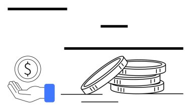 Para akışını simgeleyen avuç içi ve para yığını finansal planlamayı sembolize ediyor. Finans, tasarruf, bankacılık, yatırımlar, bütçe, ödeme, basit iniş sayfası için ideal