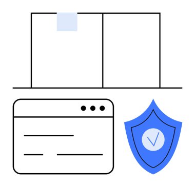 Açık tarayıcılı dizüstü bilgisayar, güvenliği simgeleyen işaretli mavi kalkan. Siber güvenlik, gizlilik, teknolojik çözümler, web sitesi koruması, kullanıcı güvenliği, yazılım güvenilirliği, basit iniş sayfası için ideal