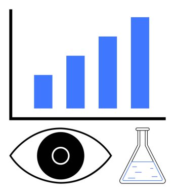 Artan trend, insan gözü ve laboratuvar şişesi olan bar tablosu. Analiz, araştırma, bilim, görüş, büyüme, veri güdümlü süreçler için ideal basit iniş sayfası