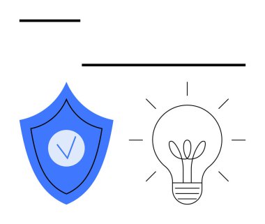 Yaratıcılık ve yeniliği simgeleyen parlayan bir ampulün yanında işaret işareti olan mavi bir kalkan. Teknoloji, güvenlik, yenilik, başlangıç, güven, koruma, basit
