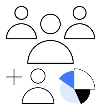 Grup simgeleri, veri içgörülerini sembolize eden yeni bir üye simgesi ve pasta grafiği ile birlikte takım üyelerini simgeler. Takım çalışması, büyüme, askere alma, işbirliği, yönetim, strateji için ideal