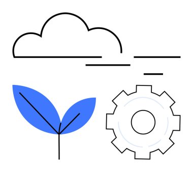 İki çizgili bulut, mavi yaprak ve dişli tekerlek doğa, teknoloji ve yenilik arasındaki dengeyi temsil ediyor. Sürdürülebilirlik, ekoloji, teknoloji, bulut hesaplama yeşil enerji için ideal