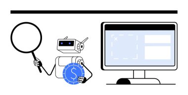Robot, bilgisayar ekranının yanında arayüz düzeni gösteren büyüteç ve para tutuyor. Teknoloji, otomasyon, finans, analiz, yapay zeka, yenilik, online araçlar için ideal. Düz basit metafor