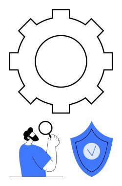 Bir insanın üzerinde büyüteç ve işaretli bir kalkan tutan büyük bir vites sembolü. Teknoloji, güvenlik, analiz, teftiş, doğrulama, takım çalışması, basit iniş sayfası için ideal