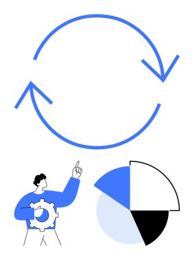 Okları olan dairesel iş akışı sembolü, vites gösteren adam, segmentli pasta grafiği. Süreç için ideal, analitik, planlama, takım çalışması, strateji yenilikçiliği verimliliği. Düz basit metafor