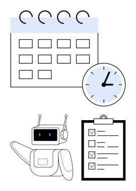 Takvim, saat, robot asistan ve kontrol listesi verimliliği, otomasyonu ve görev yönetimini vurguluyor. Zaman yönetimi, üretkenlik, AI araçları otomasyon görev planlama organizasyonu için ideal