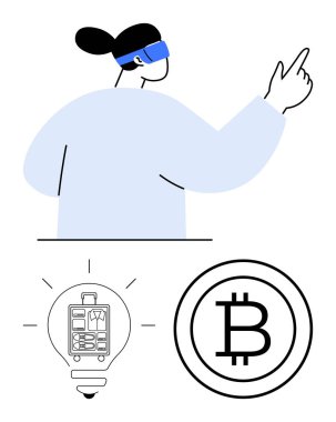 Kadın ileri bakan sanal gerçeklik arayüzü ile etkileşime giriyor. Aşağıda bir ampulün içinde dijital cüzdan ve Bitcoin logosu simgeleri var. Kripto para birimi, fintech, yenilik, VR, engelleme zinciri, teknoloji için ideal