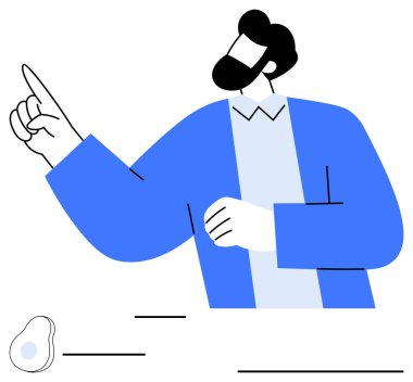 Mavi ceketli sakallı şahıs kendine güvenerek elini kaldırıyor ve yukarı bakıyor. Rehberlik, sunum, liderlik, yaratıcılık, karar verme stratejisi için ideal. Düz basit metafor