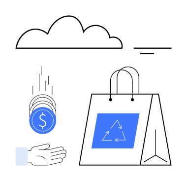 İçinde geri dönüşüm sembolü olan bir alışveriş torbası, eline bozuk para düşmesi ve minimalist tarzda bulut. Sürdürülebilirlik, eko farkındalık, finans, alışveriş, geri dönüşüm, e-ticaret için ideal basit iniş sayfası