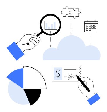 Grafiği büyüteçle, pasta grafiğiyle, bulmaca parçalarıyla, takvimle, imza çekiyle analiz ediyorum. Veri analizi, takım çalışması, finans stratejisi organizasyonu verimliliği için ideal. Düz