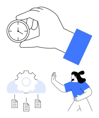 Zamanı gösteren bir saat, dosyaları senkronize eden dişli ve eylemi durduran kişi. Zaman yönetimi, üretkenlik, iş akışı, veri işleme, karar verme, organizasyon için ideal düz metafor