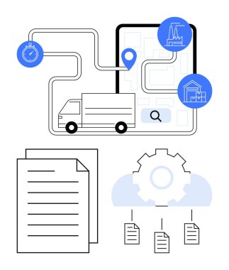 Yol haritasında teslimat kamyonu, zaman takibi için kronometre, belgeler ve otomasyon için teçhizat. Lojistik, tedarik zinciri, teslimat takibi, zaman yönetimi, otomasyon depolama için ideal