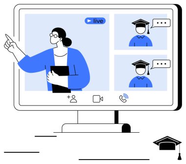 Yüksek lisans yapmış iki öğrenciyle çevrimiçi sınıfta video aracılığıyla etkileşim kuran bir öğretmen. E-öğrenme, uzaktan eğitim, webinarlar, online mezuniyet, sanal işbirliği, mesafe