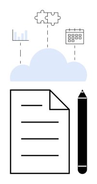 Bulutun altındaki belge ve kalem grafik, bulmaca ve takvim simgelerine bağlanıyor. İşbirliği, üretkenlik, bulut depolama, organizasyon, veri paylaşımı, görev planlama dairesi için ideal