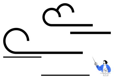 Kavisli soyut çizgiler rüzgar akışını sembolize ediyor. Bir işaretçi ve belgeyle bireysel anlayış ve öğrenmeyi vurguluyor. Eğitim, bilim, açıklama, öğretim, sunumlar için ideal