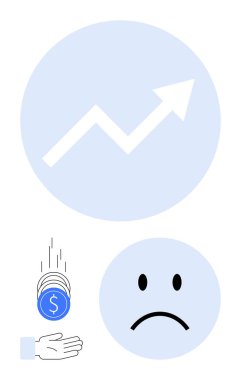Finansal büyümeyi temsil eden yukarı ok, bozuk paralarla el ve hayal kırıklığını ya da para kaybını gösteren üzgün yüz. Ekonomi, finans, yatırım, bütçe, iş, tasarruf için ideal