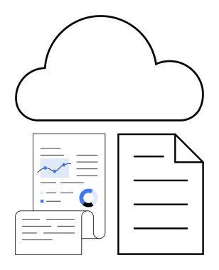 Bulut, raporları, belgeleri ve veri görsellerini, çevrimiçi depolama, analitik ve dijital organizasyonu temsil ediyor. Teknoloji, üretkenlik ve veri paylaşımı için ideal