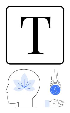 Büyük T harfi, kafasının içinde lotus olan bir profil. Eline bozuk para düşüyor. Yaratıcılık, farkındalık, tipografi, eğitim, sağlık ve finansman için ideal