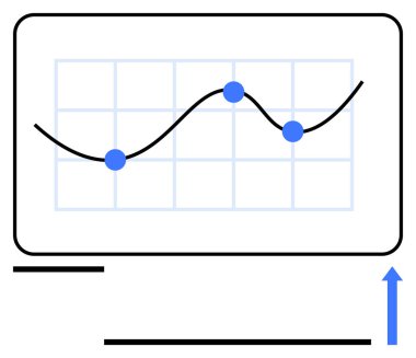 Şebeke arka planında üç mavi veri noktası ve büyüme eğilimini sembolize eden yukarı doğru ok çizelgesi. Analiz, ilerleme izleme, tahminler, iş stratejisi, istatistik ve finans için ideal